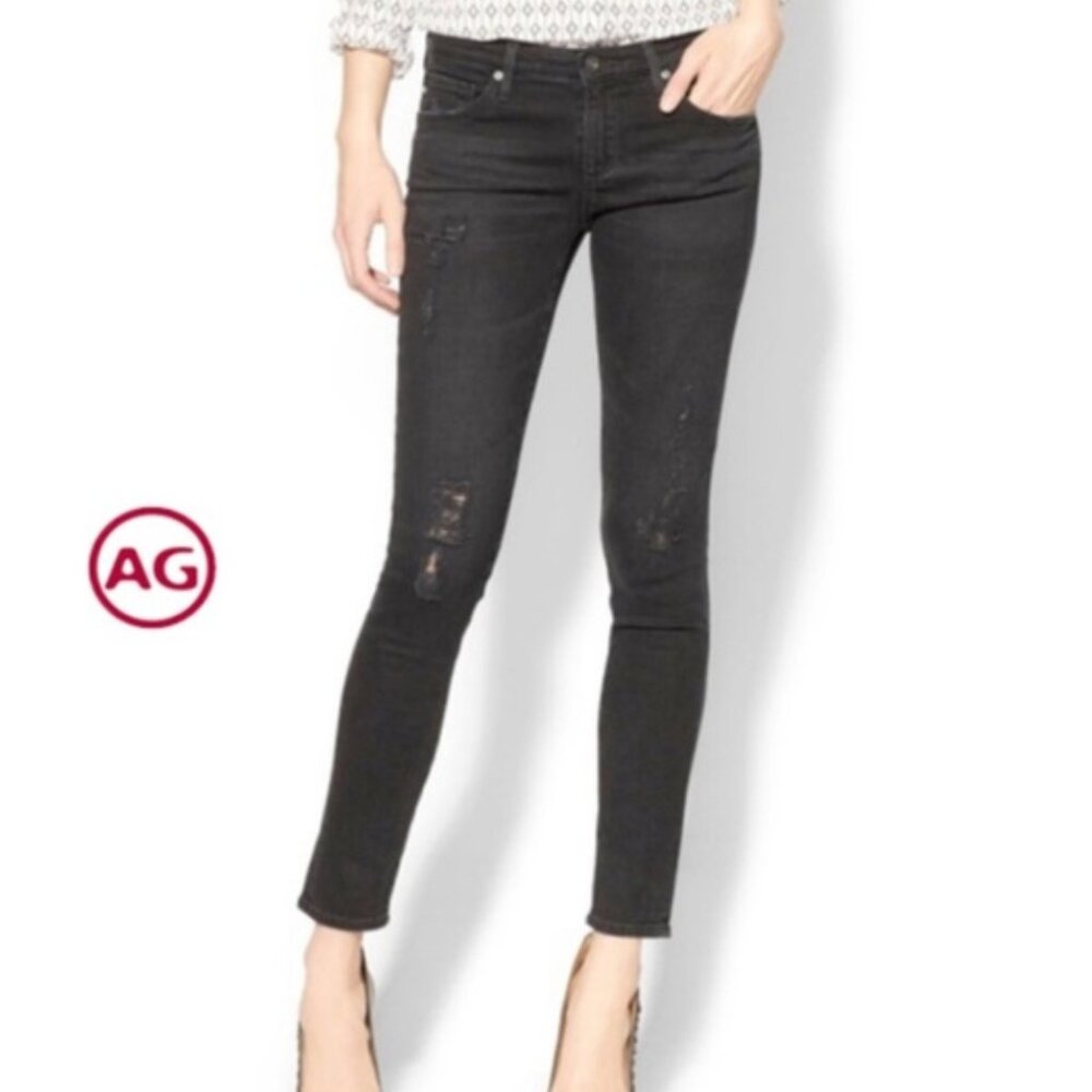 AG Skinny Legging Ankle Distressed Black Jeans, Size 25